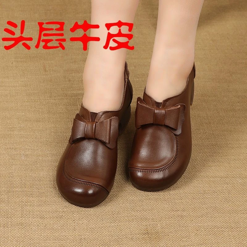 真皮复古中低跟单鞋春秋款牛筋软底百搭女鞋圆头民族风妈妈小皮鞋
