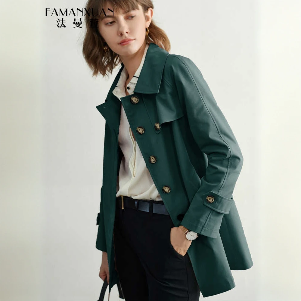 法曼萱墨绿色风衣女小个子宽松设计感小众短外套通勤短款百搭外套