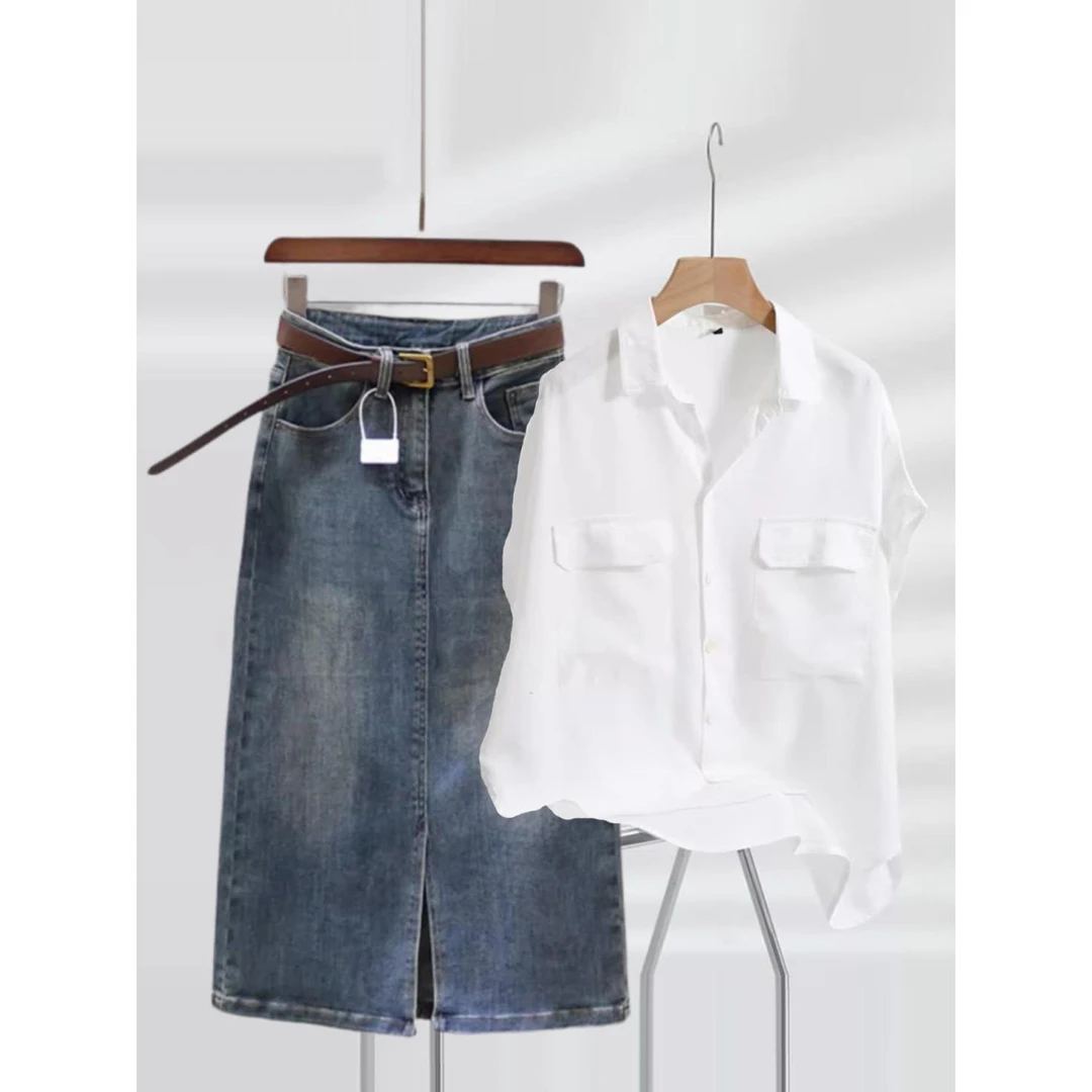 气质穿搭一整套减龄穿搭夏季纯欲白色衬衫复古牛仔半身裙两件套女