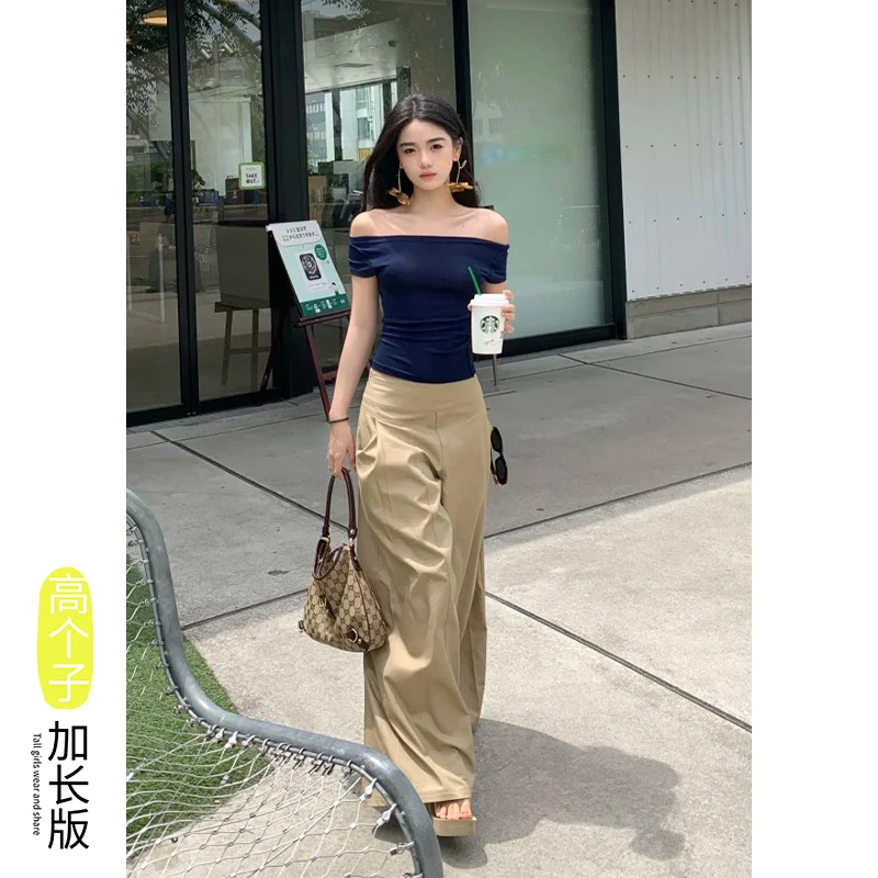 175加长高个子韩系卡其色复古休闲拖地裤女夏季慵懒风阔腿裤2581