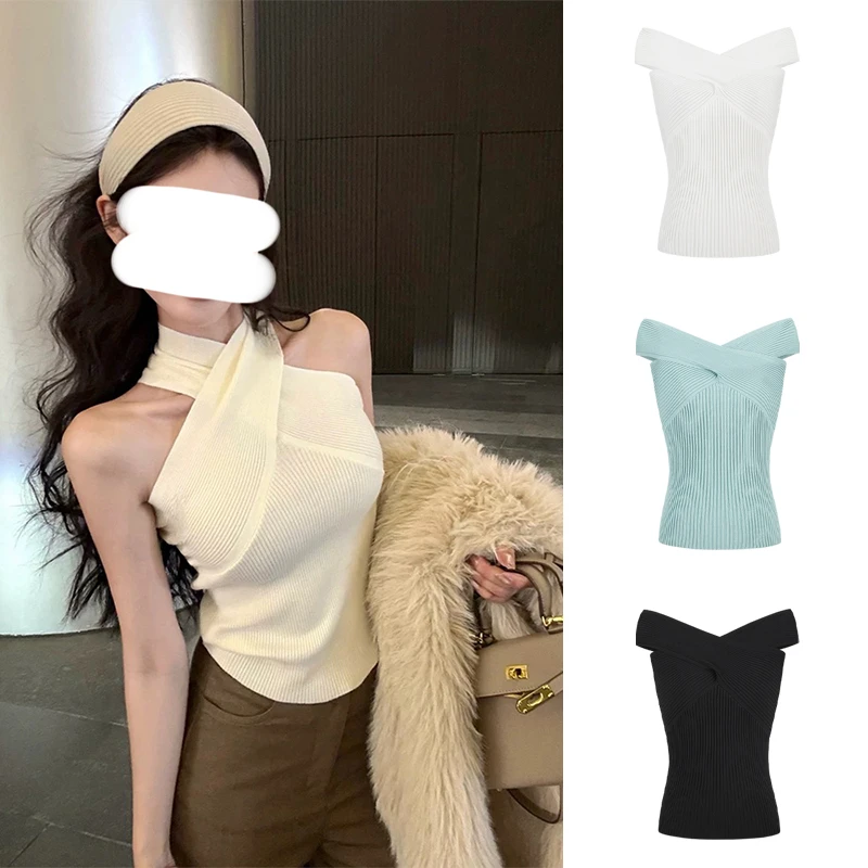 Moses Queen/魔西女王辣妹交叉挂脖针织背心修身显瘦打底上衣INS