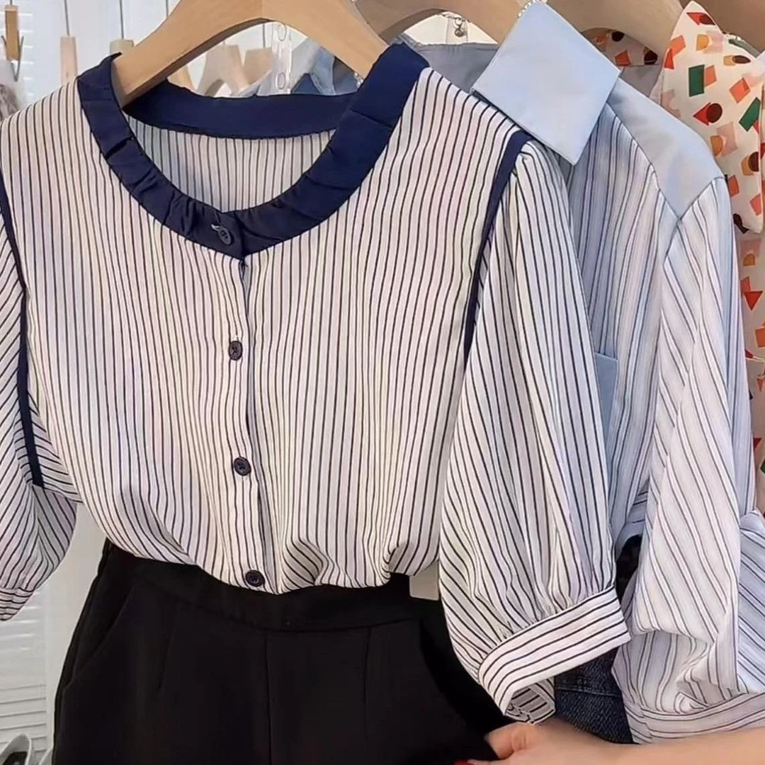 夏季圆领新款宽松显瘦设计感小众撞色短袖减龄洋气上衣条纹衬衫女