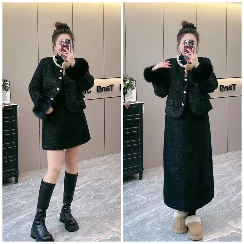 胖mm大码女装秋冬季时尚休闲宽松显瘦小香风加棉外套半身裙两件套