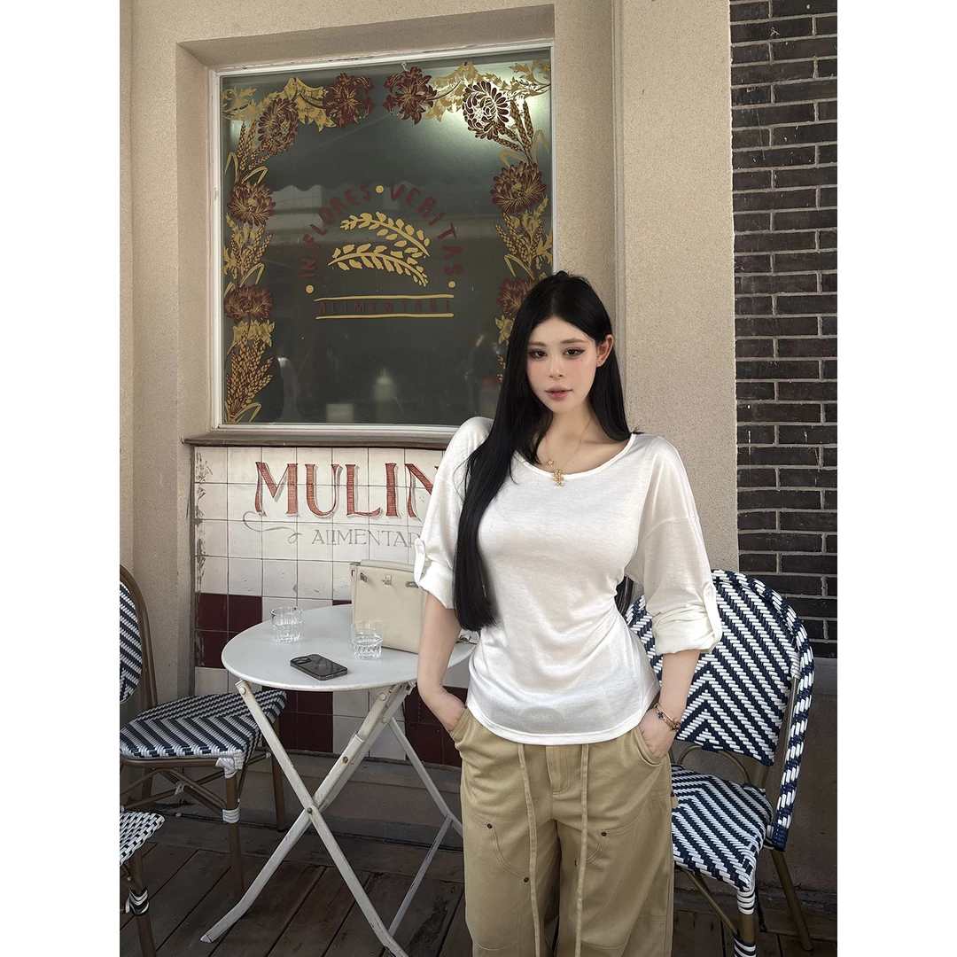 黑泽玄七微胖mm2025秋新款长袖T恤女宽松收腰显瘦慵懒松弛感上衣