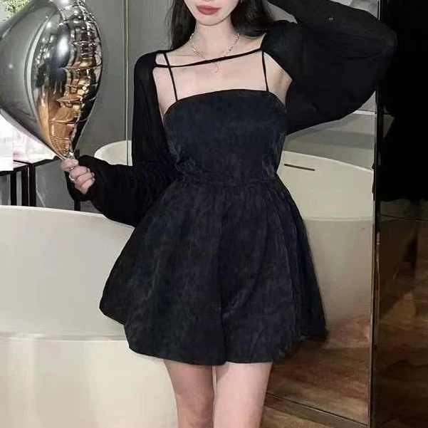 【老四推荐】大码女装「暗夜公主」夏季性感显瘦吊带短裙+外披8186