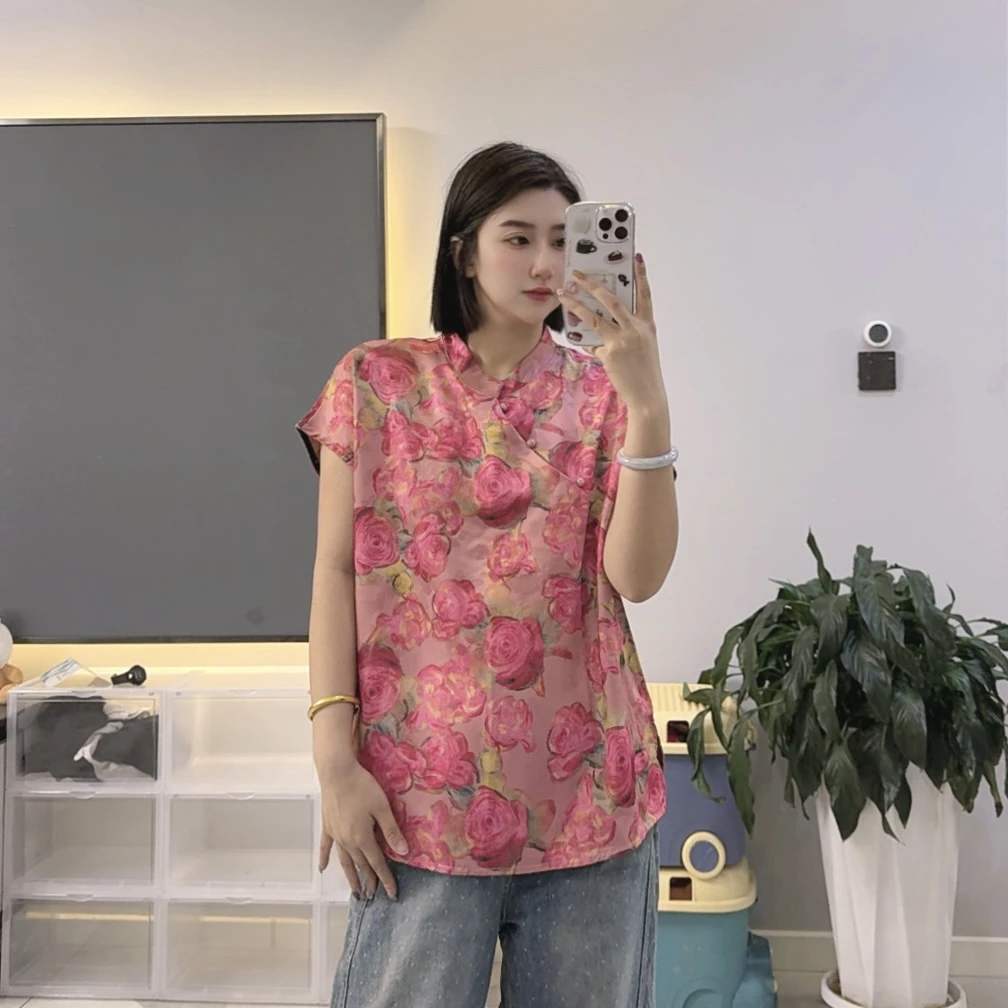 1530显瘦短袖重工T恤花色气质宽松型百搭遮肉大码女装国风中式