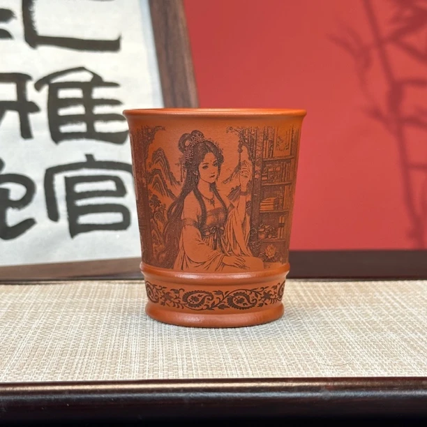 宜兴原矿紫砂朱泥主人杯刻绘美女俏佳人品茗杯精致家用茶器