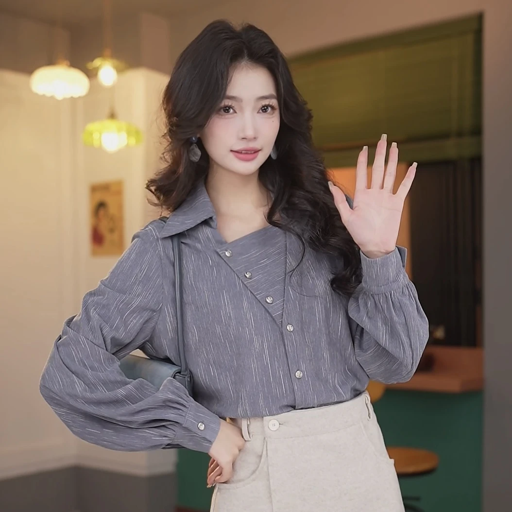 陈佳洁【秋野牧歌】港风复古衬衫女宽松显瘦上衣JK0725196