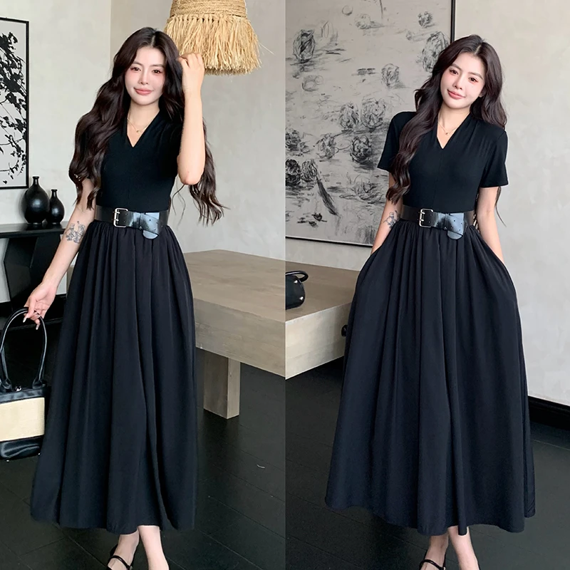 大码女装夏季新款简约V领松紧腰收腰显瘦连衣裙休闲长裙配腰带