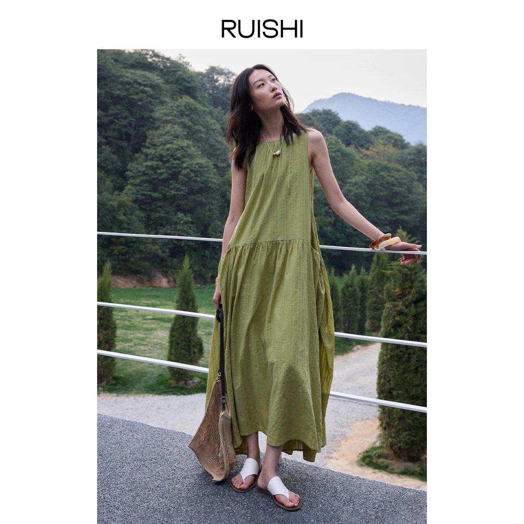 RUISHI芮时新款纯棉灵动飘逸不规则大裙摆连衣裙长女夏R25A131205