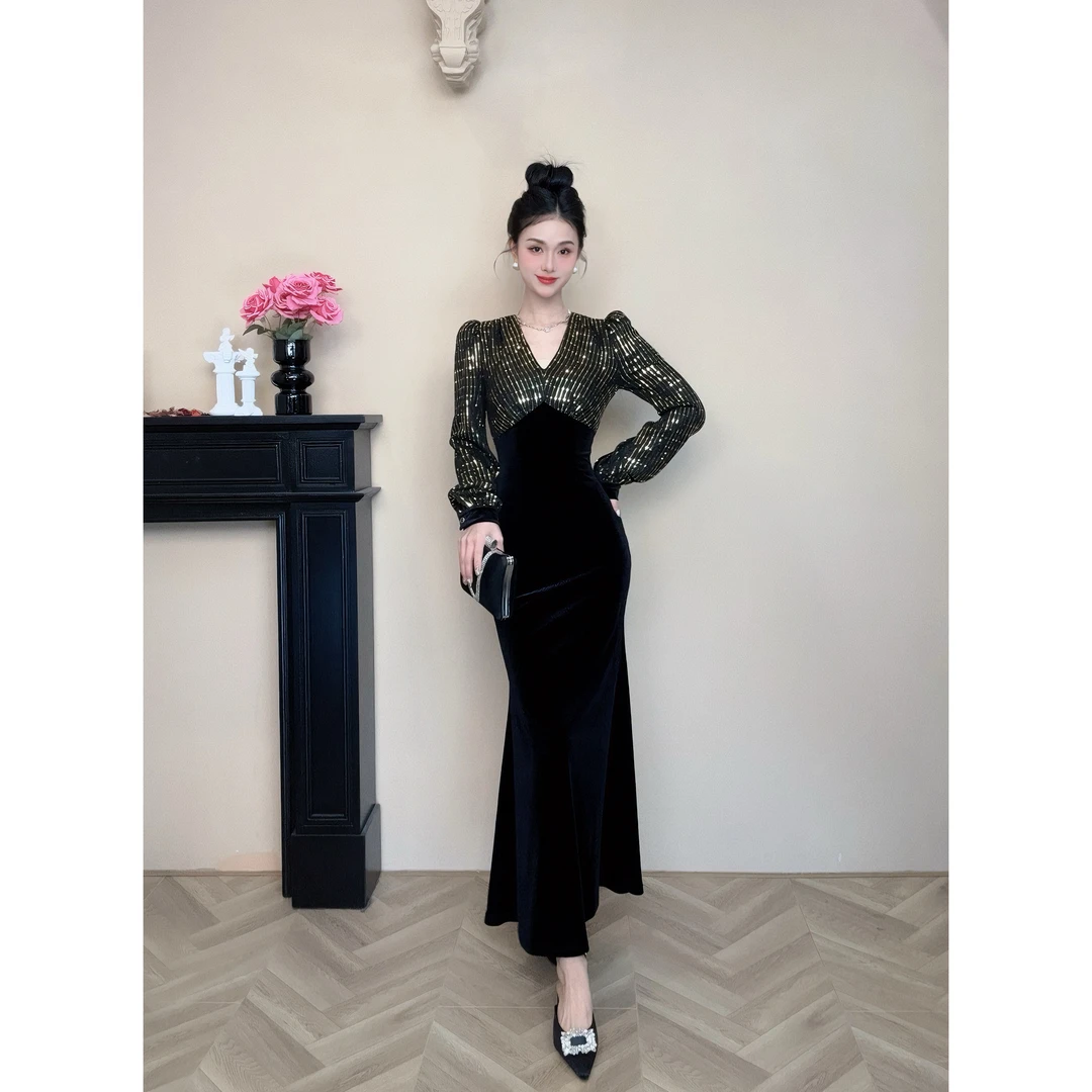 【设计师定制】新款复古高贵轻奢修身收腰包臀鱼尾连衣裙21042