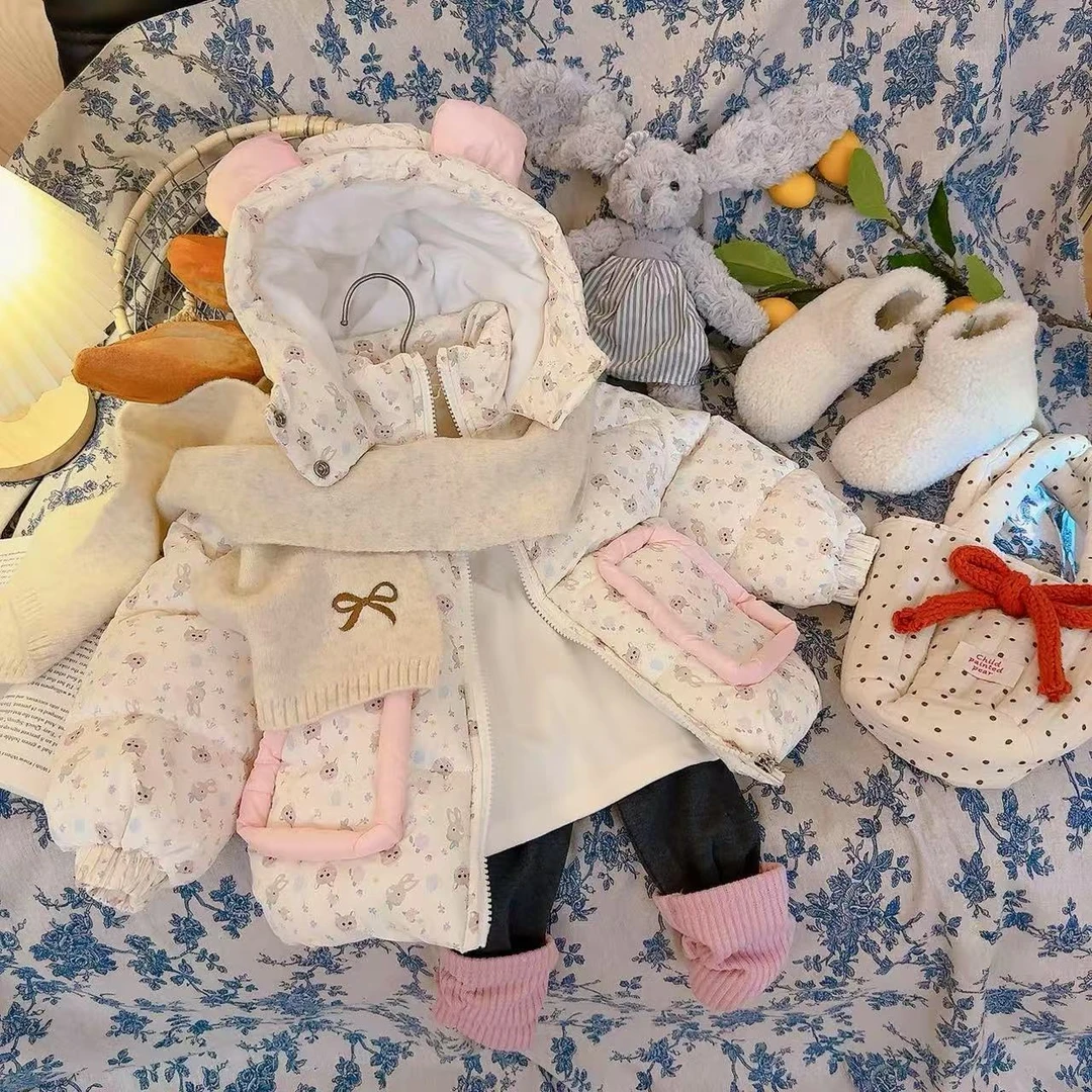 【现货】儿童碎花可爱耳朵加厚加绒保暖儿童棉服男女宝宝外套冬季