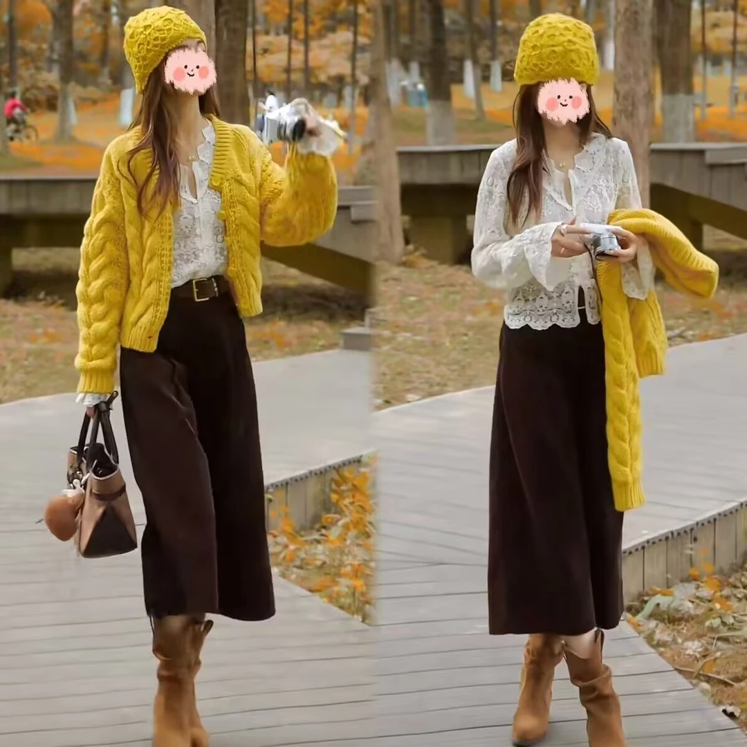 【三件套】新款镂空拼接款V领蕾丝上衣+毛衣外套+高腰休闲七分裤