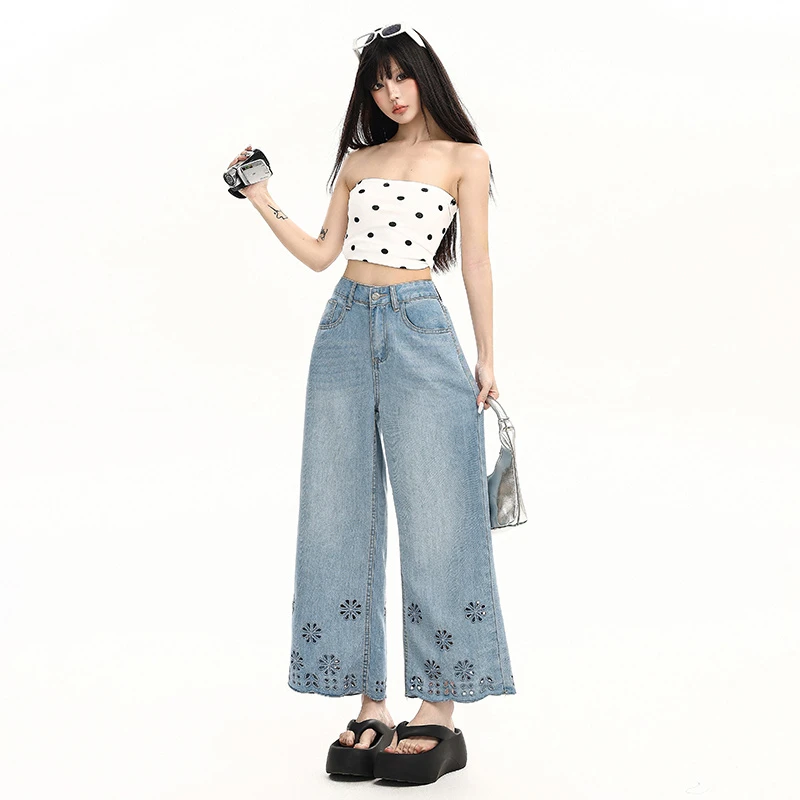 小众设计感镂空刺绣花边牛仔裤女夏季薄款大码高腰显瘦阔腿九分裤