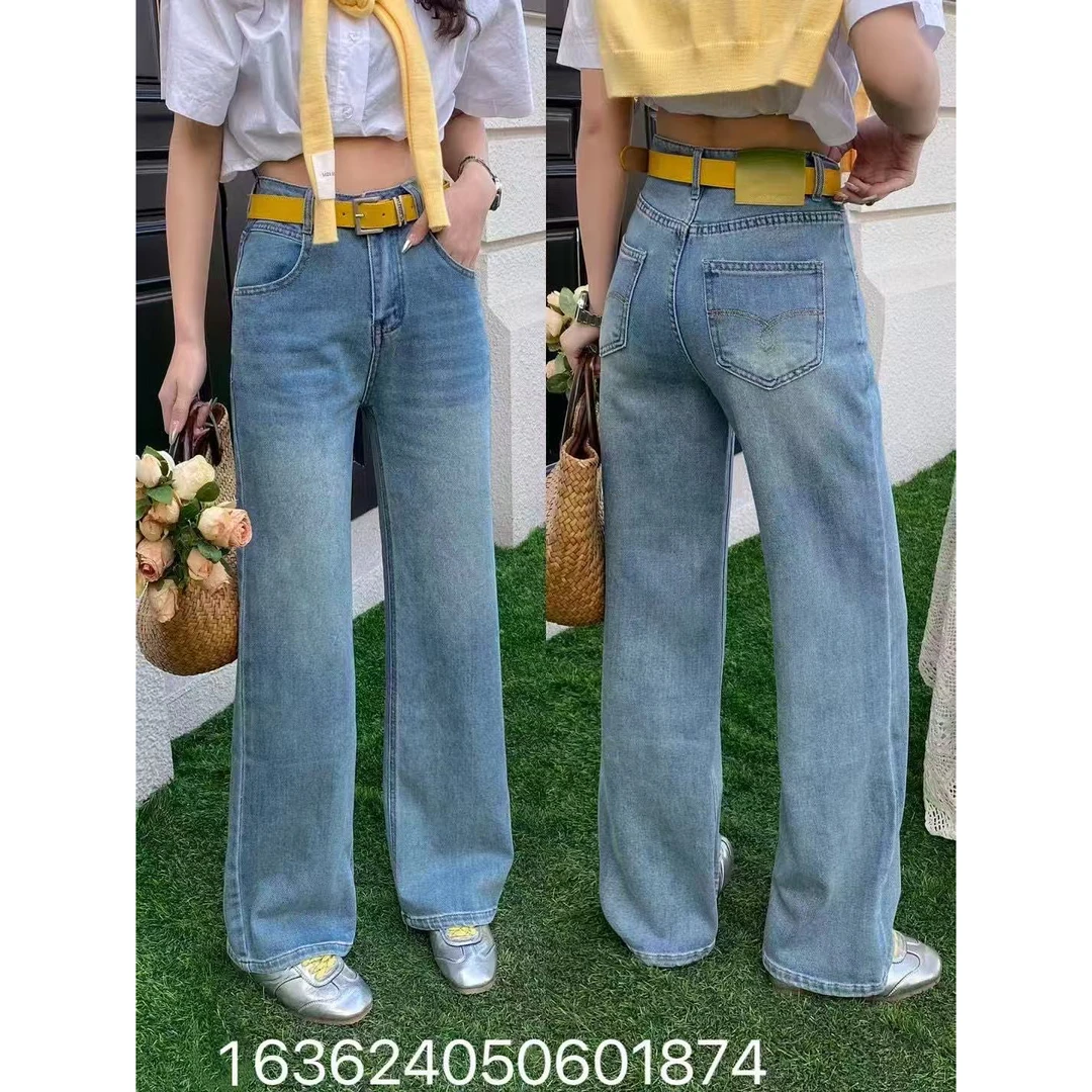 欧货蓝色新款时尚宽松休闲高腰弹力显瘦百搭弯刀直筒牛仔裤1636