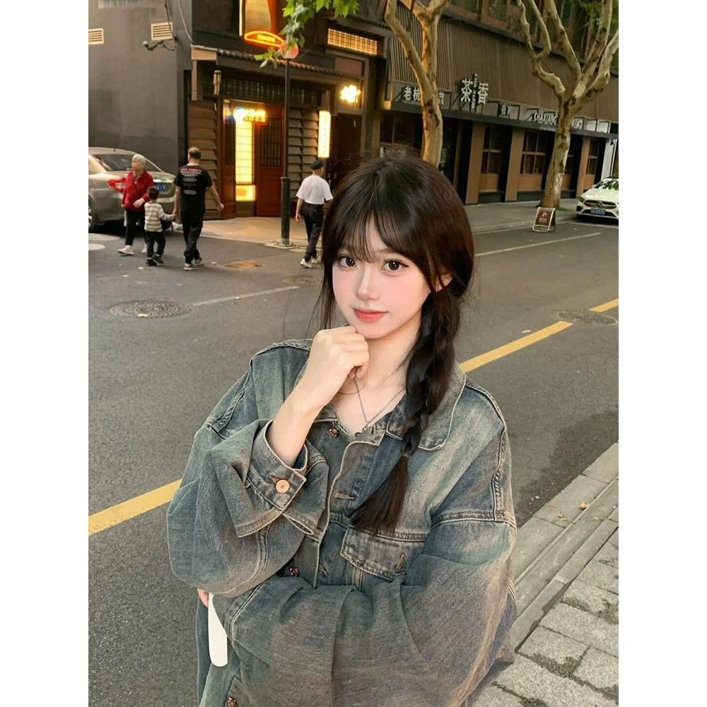 美式复古水洗做旧牛仔外套女春秋新款设计小众宽松休闲夹克上衣潮