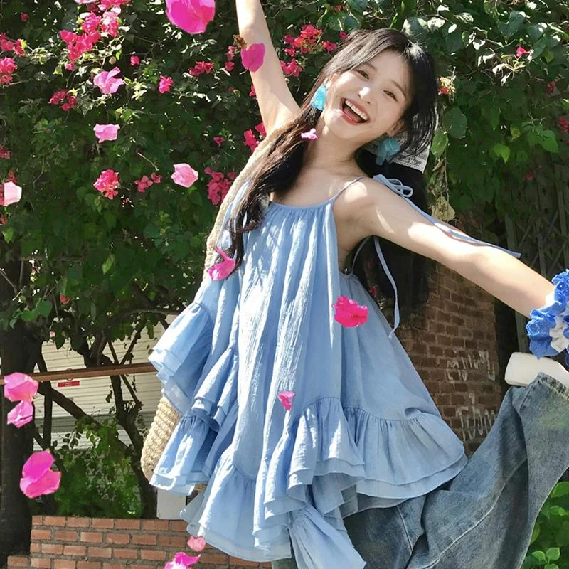 小个子蓝色吊带连衣裙子女装秋季2025新款海边度假蓬蓬裙短裙套装
