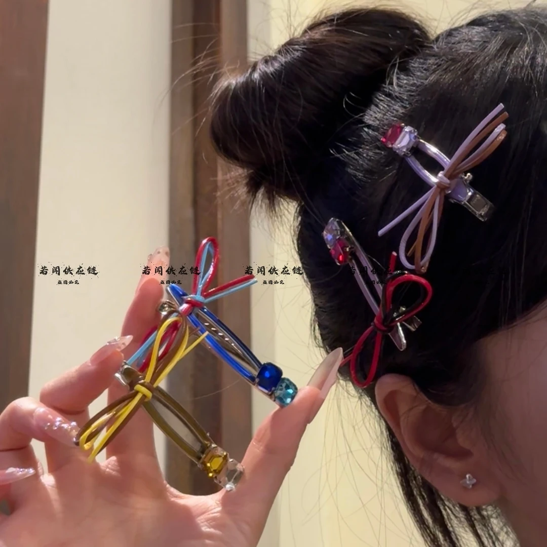 韩版新款彩色方糖闪钻蝴蝶结水滴发夹设计感刘海侧边夹碎发夹头饰