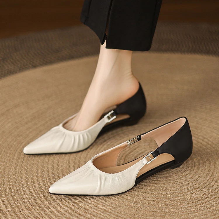 法式尖头真皮软底软皮透气镂空单鞋女2025新款夏季低跟百搭配裙子