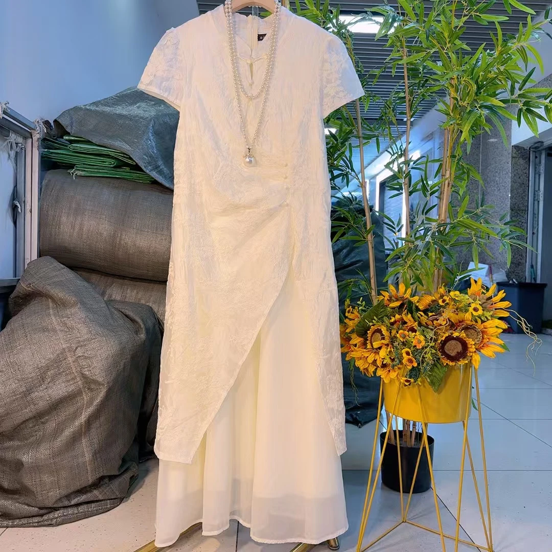 新中式国风刺绣遮肚长裙改良民族风大码盘扣连衣裙古风夏季3845