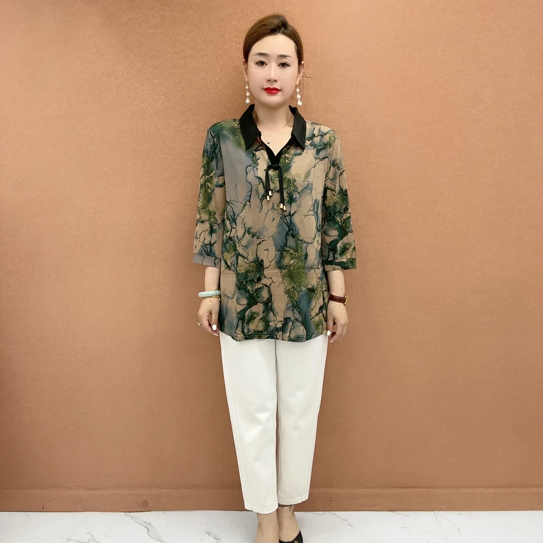 时尚翻领大码妈妈装早秋新款气质宽松遮肚子显瘦七分袖中老年女装