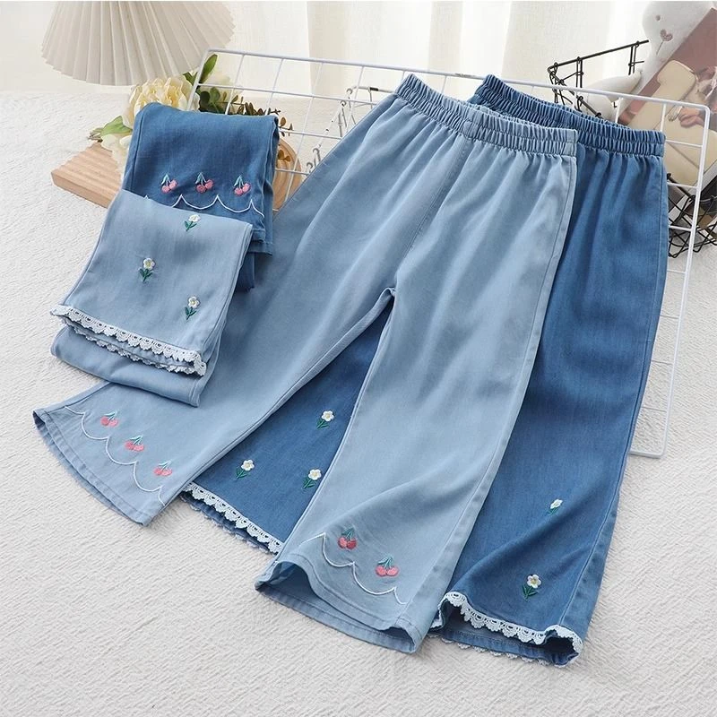 女童防蚊裤夏季薄款冰丝牛仔裤中小童女孩休闲仿牛仔喇叭外穿长裤