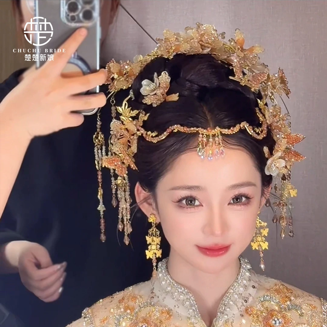新娘结婚头饰花朵金色流苏大后区额饰减龄百搭古装饰品龙凤褂发饰