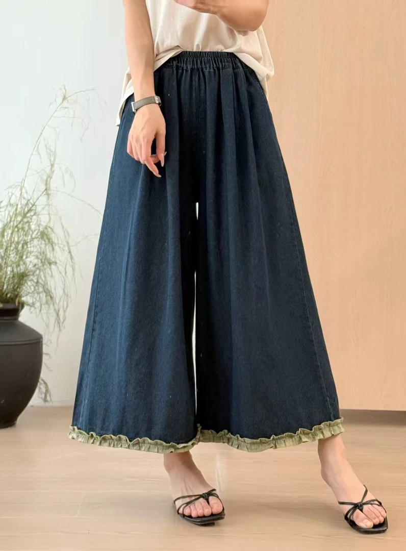 森系复古爆款木耳边松紧腰荷叶边宽松大码阔腿牛仔裤冬季长裤