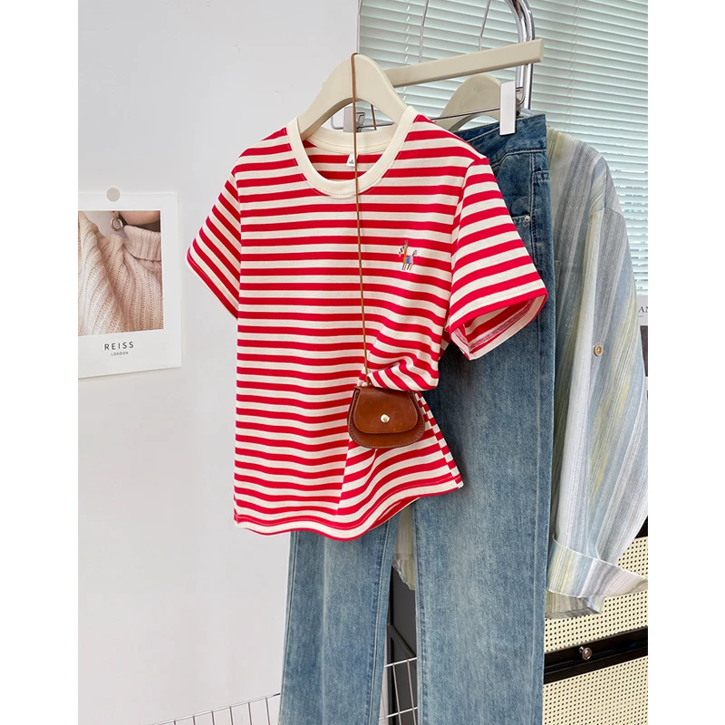 条纹宽松休闲百搭T恤夏新款刺绣时尚全棉上衣韩版撞色圆领女装ins