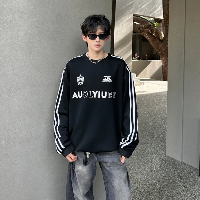三条杠条纹重磅长袖卫衣男士cleanfit潮牌宽松圆领百搭撞色上衣