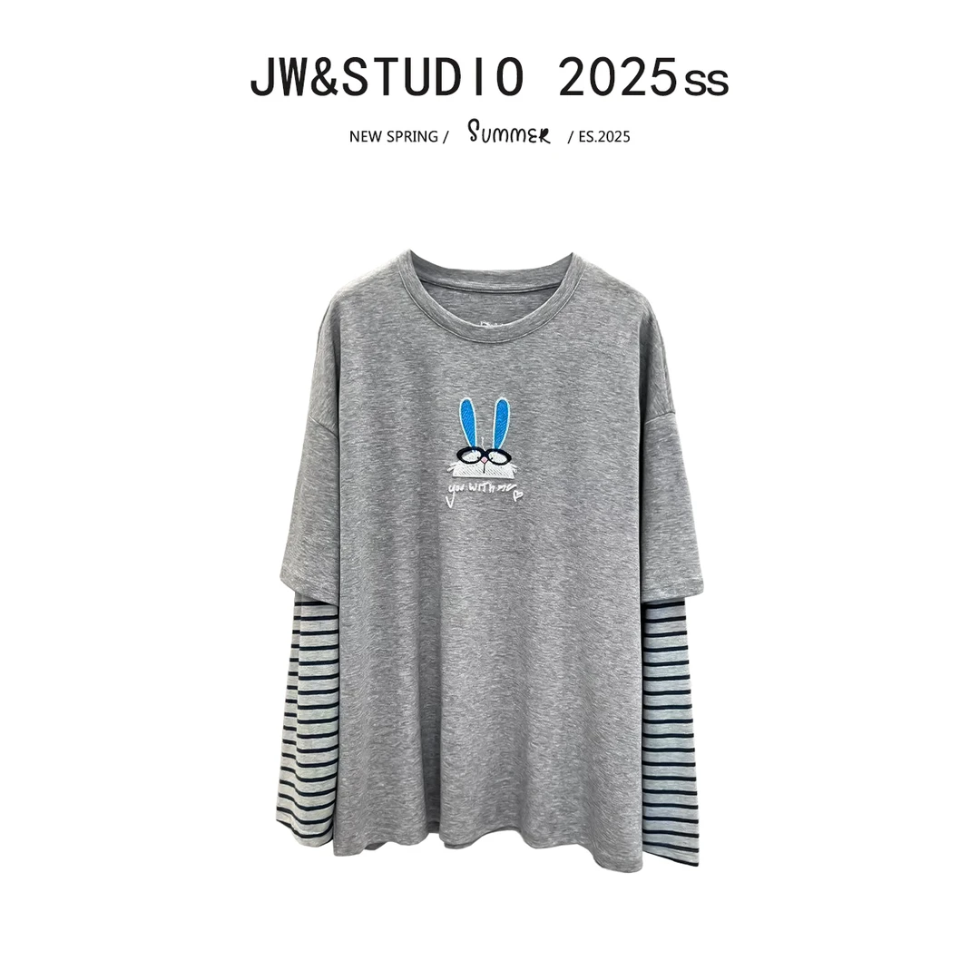 JW/静稳2025春季新款时尚宽松百搭休闲女款假两件长袖T恤5550169