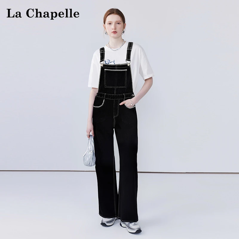 拉夏贝尔撞色刺绣边直筒背带裤女学院风高腰减龄牛仔裤