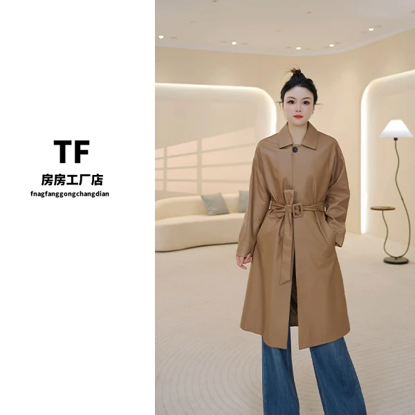 房房-2316 秋季中长款宽松型薄款皮衣女装翻领设计师