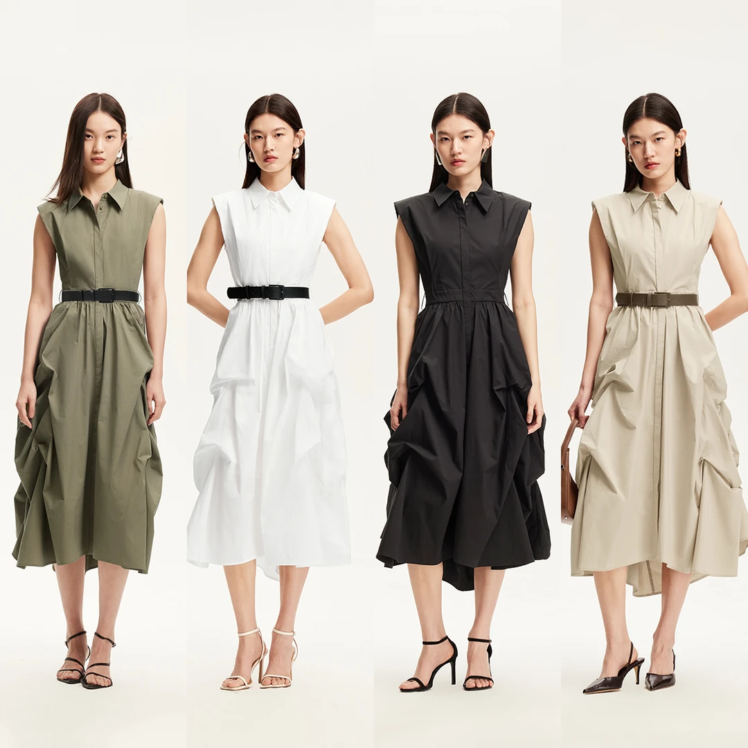 Vero Moda连衣裙女25夏日穿搭褶皱裙摆薄垫肩收腰老钱风3252SZ001