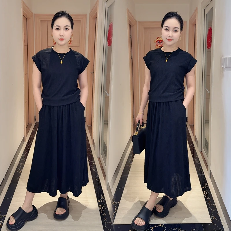 上衣+半身裙/夏季新款休闲套装女简约洋气宽松气质显瘦两件套