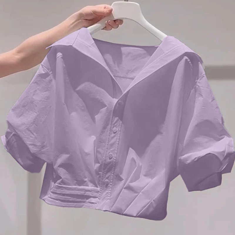 紫色翻领宽松泡泡袖衬衫女2025年夏季新款慵懒风超好看短款小上衣