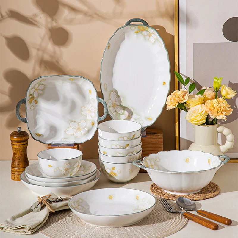 黄金叶14件套高颜值陶瓷碗盘米饭碗陶瓷双耳汤碗餐盘大套装