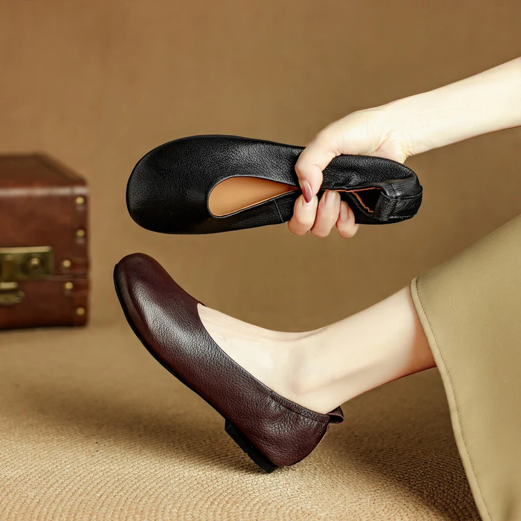 全羊皮~1cm圆头平底单鞋女2025春秋新款舒适软底一脚蹬浅口妈妈鞋