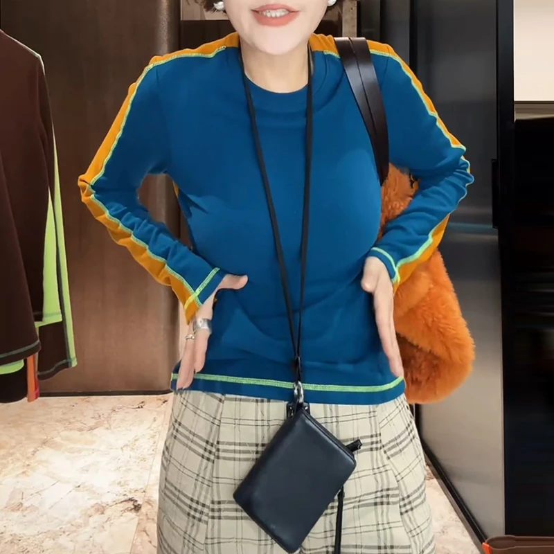 设计感拼色圆领T恤女2025冬季新款气质洋气宽松显瘦减龄通勤上衣