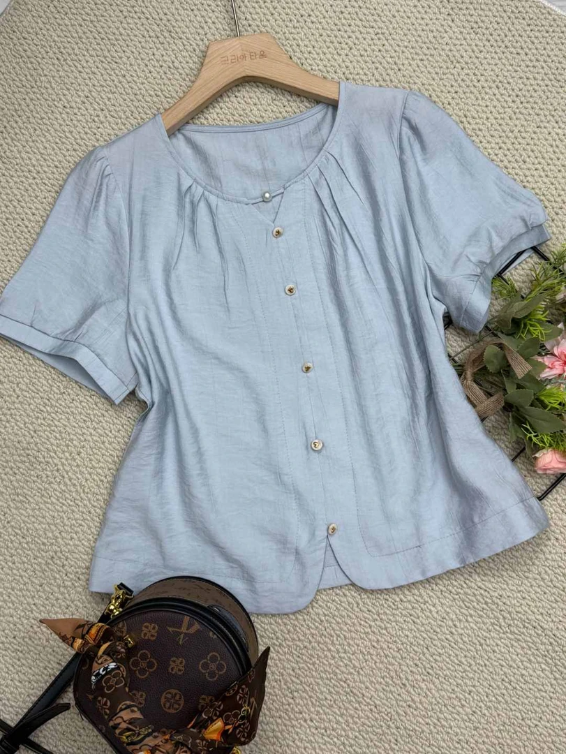 夏季纯色圆领短袖百搭休闲套头褶皱绿色圆领气质2583