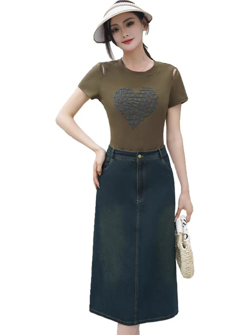 T 060款小衫+半身牛仔裙气质两件套专柜撤柜大码洋气休闲夏装