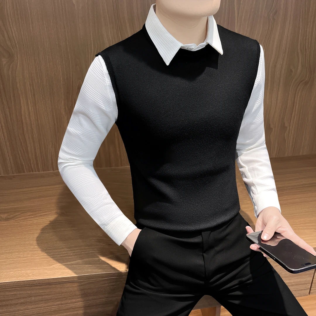 假两件衬衫男款冬季成熟痞帅男装高级感打底潮流拼接内搭针织毛衣