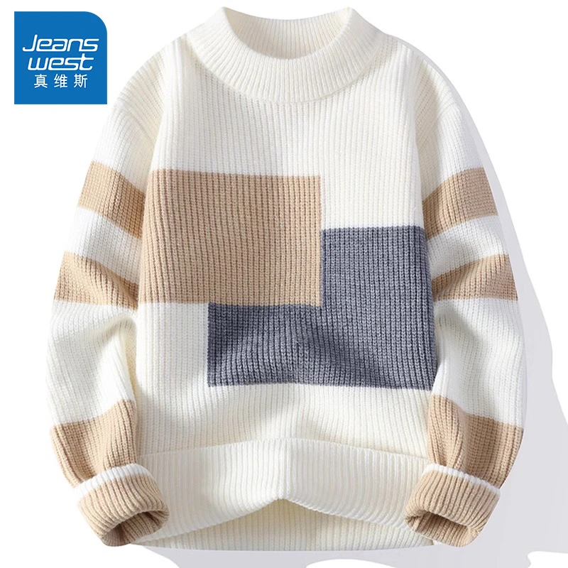 Jeanswest/真维斯新款拼色毛衣男生秋冬季潮流宽松休闲打底针织衫