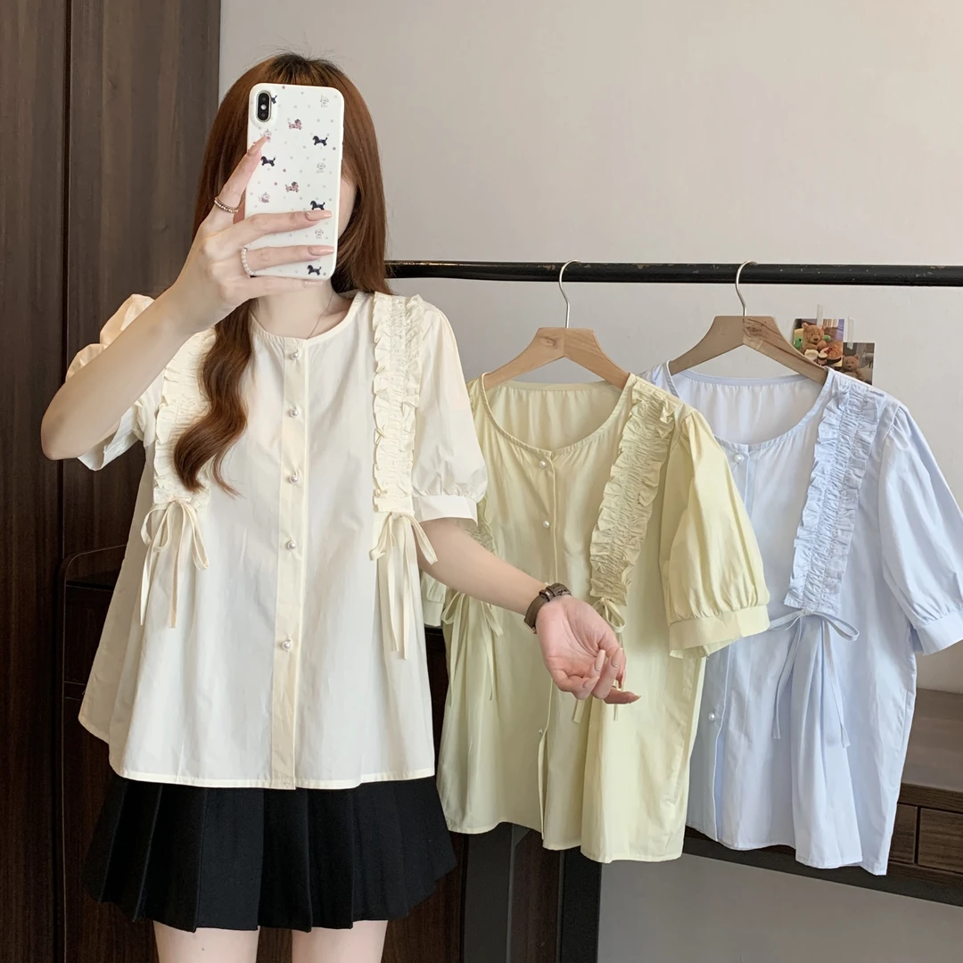 2025夏装新款胖mm大码女韩系木耳花边泡泡袖短袖小衫上衣33757