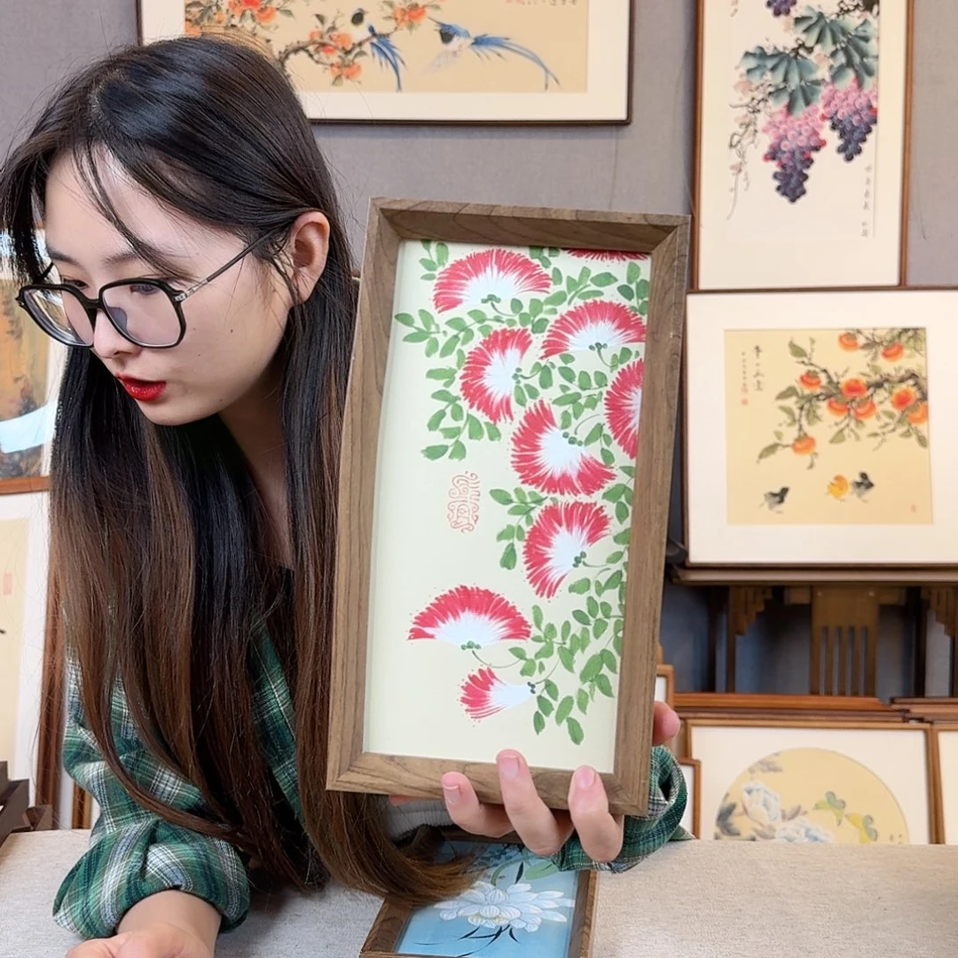 国画纯手绘，纯手写带框尺寸：16×29厘米