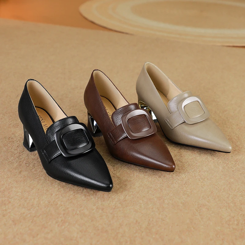 时尚尖头中口单鞋/牛皮/34-42/9113软底软面大方扣里外全皮皮鞋女