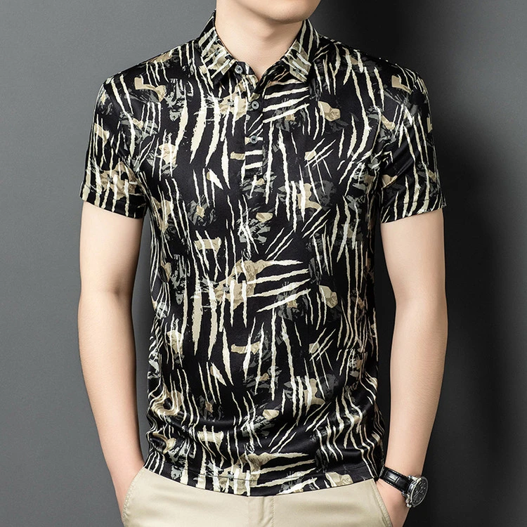 【高端桑蚕丝】印花短袖男常规龙纹印花冰丝衬衫男装宽松男士商务