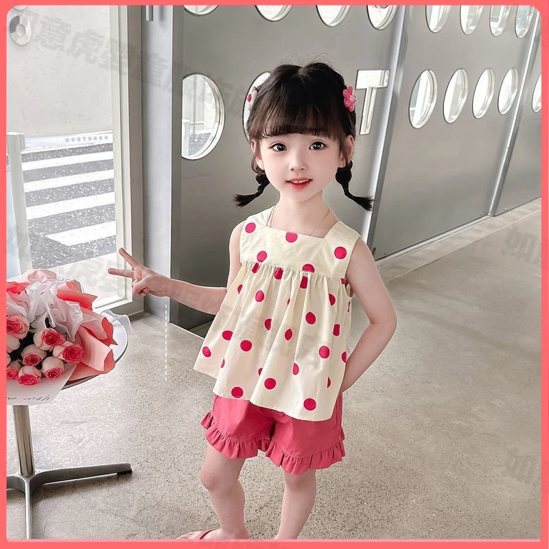 女童玫红圆点套装2025夏季新款宝宝无袖上衣短裤棉布两件套韩版潮