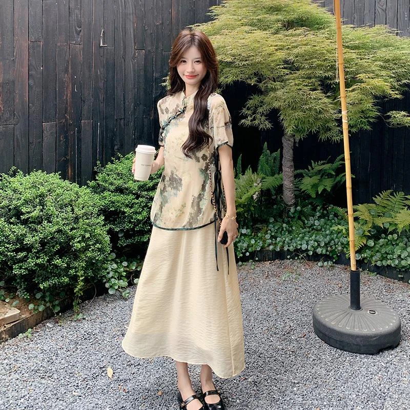 新中式国风水墨印花衬衫套装裙女2025年夏季新款吊带连衣裙两件套