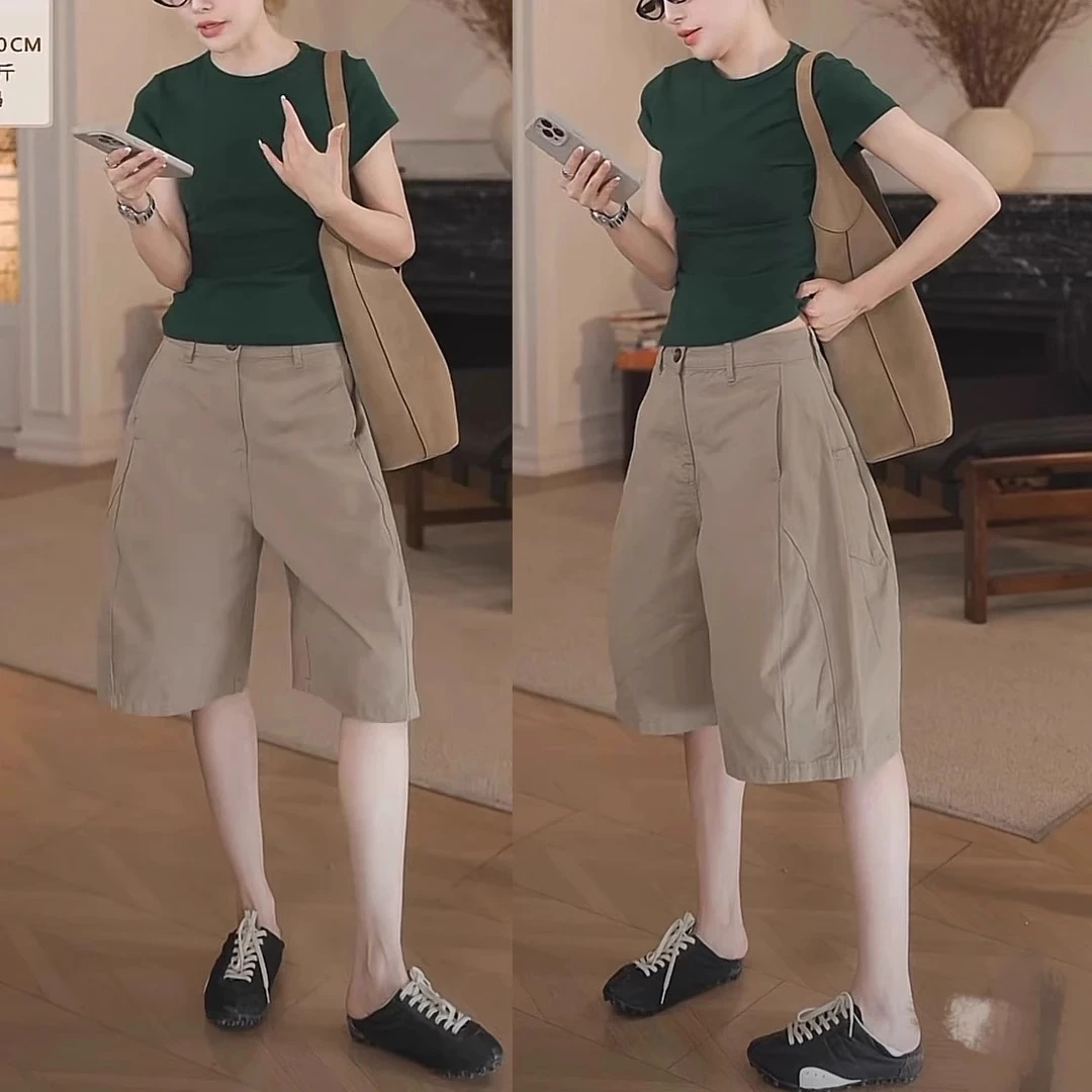 复古高级感工装五分花苞裤女2025夏季新款高腰宽松显瘦阔腿休闲裤